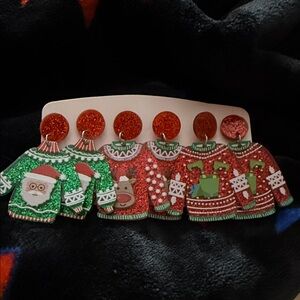 NWT Glitz Acrylic Christmas Sweater 2”Earrings choose:Santa, Reindeer or Elf